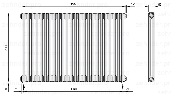 Схема (чертеж) Радиатор Zehnder Charleston 2200/24 №5310 Белый глянцевый RAL 9016